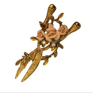 Beautiful Brooch Rose Garden Sheer Brooch With Rhinestones and Porcelain Roses